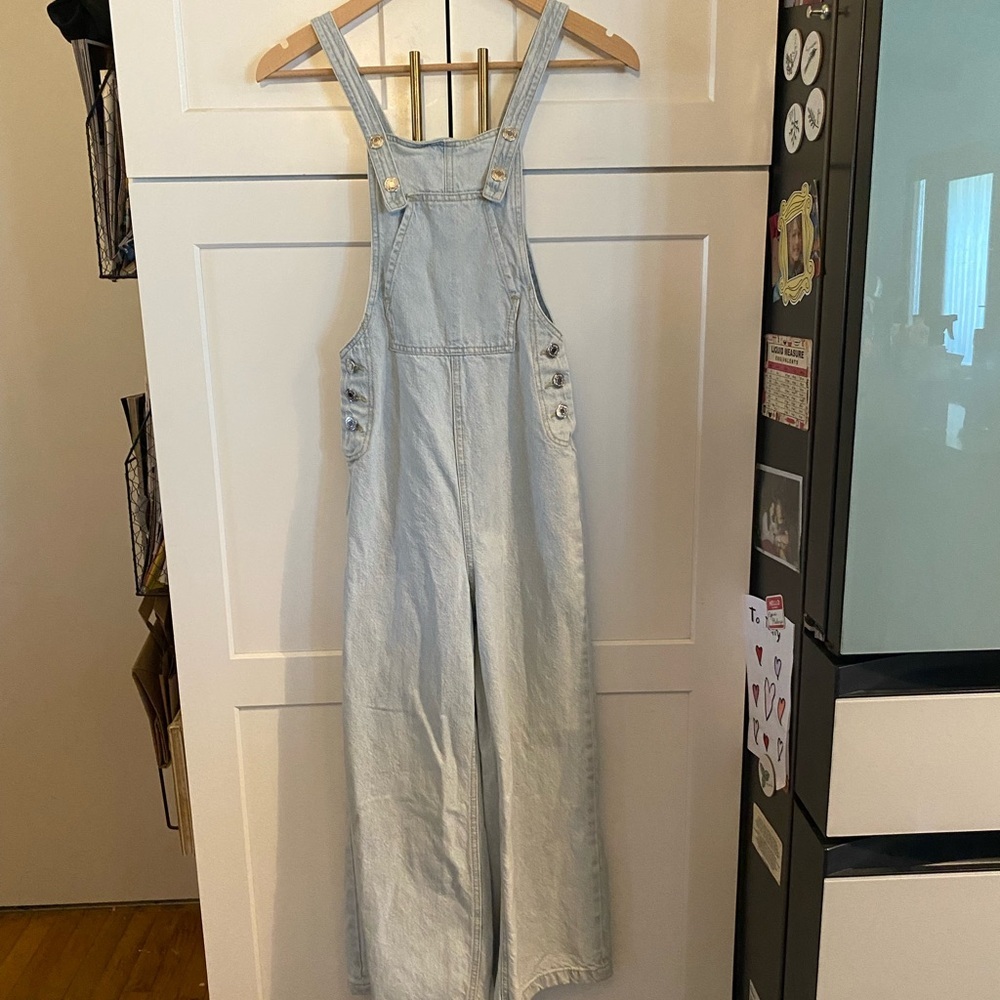 asos Stradivarius cropped wide leg denim dungarees light Blue Denim Overalls - Picture 14 of 16